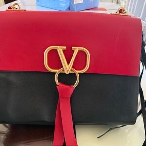 Valentino Garavani Red and Black Shoulder Bag with Gold Hardware